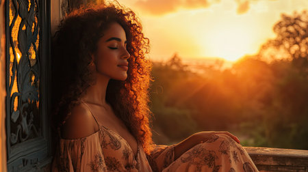 A woman with luxurious curly hair, sitting on a balcony with a beautiful sunset behind her, wearing a flowy dressの素材