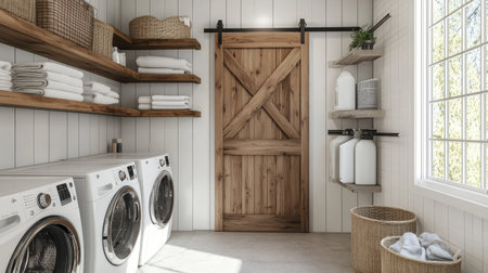 A chic laundry room with a wooden barn door, stacked washer and dryer, and modern floating shelves for storage.の素材