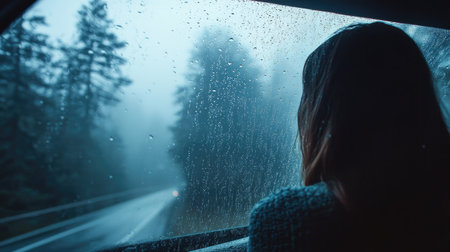 A woman sitting in a car on a rainy day, looking out at a misty forest with water droplets on the windowの素材
