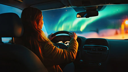 A woman sitting in the driver's seat, hands resting on the steering wheel, mesmerized by the northern lights above the horizonの素材