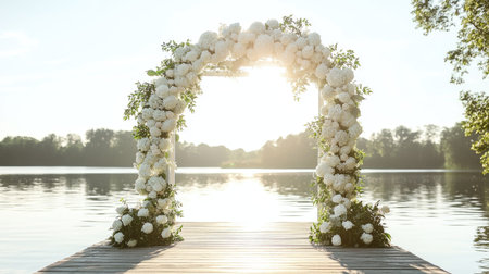 A classic white wedding arch covered in hydrangeas and roses, positioned on a sunlit wooden pier over a tranquil lake.の素材