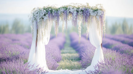 A delicate wedding arch featuring cascading wisteria and soft white tulle, positioned in a dreamy lavender field.の素材