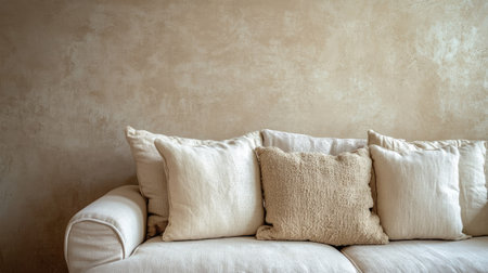 A cozy modern living room featuring a plush beige sofa adorned with soft, textured cushions, set against a neutral-toned wall.の素材