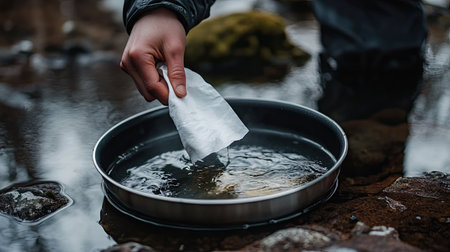 A hand removing excess oil from a stainless frying pan with a clean white napkin.の素材