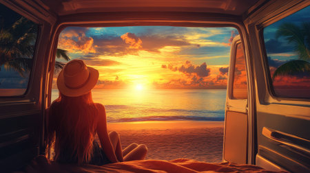 A woman traveler sitting in a camper van, watching a sunrise over the beach through the wide-open doorsの素材