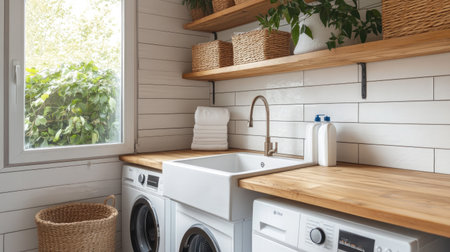 A cozy laundry room with a farmhouse-style sink, wooden shelves stocked with detergent, and a modern washing machine.の素材