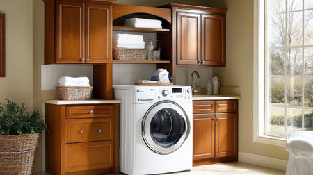 A compact laundry nook with a space-saving stacked washer and dryer, surrounded by custom cabinetry and storage baskets.の素材