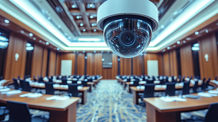A wide-angle view of a CCTV camera installed in a large conference room, with tables and chairs arranged for a meetingの素材