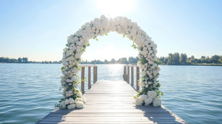 A classic white wedding arch covered in hydrangeas and roses, positioned on a sunlit wooden pier over a tranquil lake.の素材
