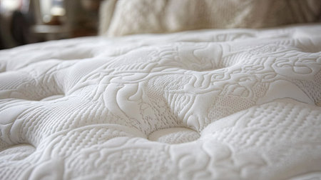 A close-up of a white pillow on a premium-quality mattress, highlighting soft textures and elegant bedding.の素材