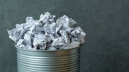 A close-up of a filled trash can with crumpled paper, isolated on a neutral background, symbolizing creativity and frustration.の素材