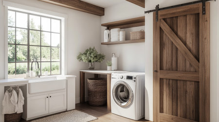 A farmhouse-inspired laundry room with rustic wooden beams, a sliding barn door, and a washing machine next to a deep sink.の素材