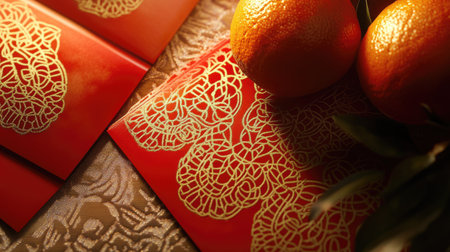 A close-up of festive red envelopes with intricate gold patterns, placed next to oranges and symbolic Chinese knotsの素材
