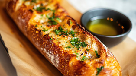 A close-up shot of a crispy baguette, its crust sprinkled with garlic and herbs, with a side of dipping oilの素材