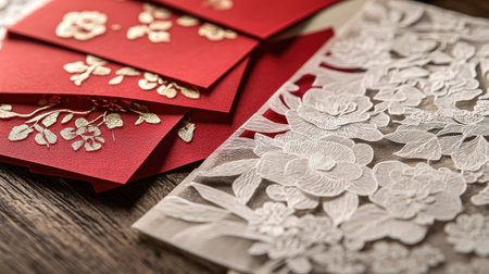 A close-up of intricate paper cuttings and red envelopes arranged elegantly on a wooden table for Chinese New Yearの素材
