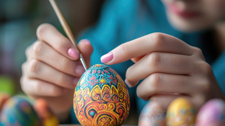A close-up of a woman using a fine-tip brush to create intricate patterns on a small Easter egg, with bright colors around herの素材
