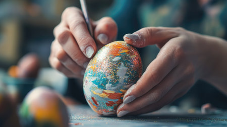 A close-up of a woman carefully applying glitter to a painted Easter egg, her hands steady and focusedの素材
