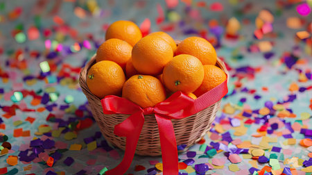 A close-up of vibrant oranges in a small rattan basket, tied with a red ribbon and surrounded by festive confettiの素材