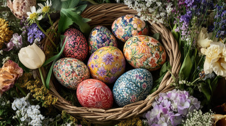 A close-up of colorful Easter eggs decorated with intricate floral patterns, placed in a woven basket surrounded by spring flowersの素材