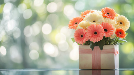 A creative gift box with gerberas and carnations cascading down its sides, placed on a glass table with a soft blurred backgroundの素材