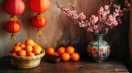 A festive corner decorated with red lanterns, a bamboo basket of oranges, and a vase of fresh peach blossoms for Chinese New Yearの素材