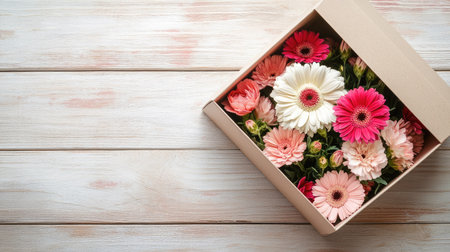 A creative flat lay of a gift box with a lid slightly open, revealing fresh gerbera and carnation blooms inside, on a light wooden tableの素材