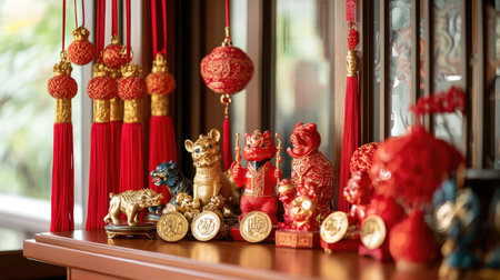 A collection of Chinese New Year decorations, including zodiac-themed figurines, tassels, and golden coins, displayed on a shelfの素材