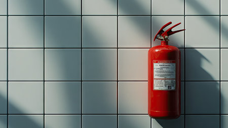 A detailed view of a red fire extinguisher on a white tile wall, with its instructions and safety certifications visibleの素材