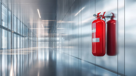 A fire extinguisher tank on a polished metal wall in a modern high-rise building, reflecting the sleek surroundingsの素材