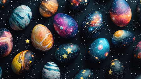A creative layout of Easter eggs painted with galaxy designs, featuring stars and planets, resting on a dark starry backgroundの素材
