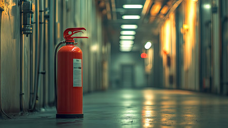 A fire extinguisher in focus, placed near a safety equipment station in an industrial building hallwayの素材
