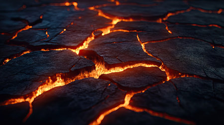 A close-up of glowing lava cracks spreading across a cooling surface, with intense heat radiating in the darkの素材