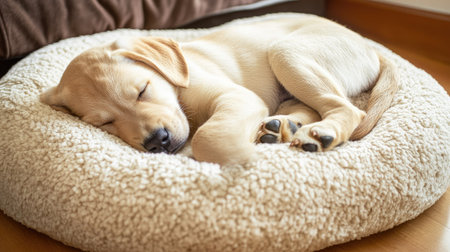 Adorable puppy curled up and fast asleep on a plush dog bed pillow, relaxing after playtime.の素材