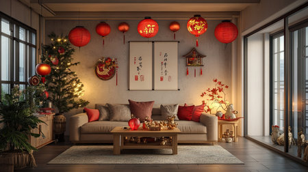 A cozy living room adorned with Chinese New Year decorations, featuring red lanterns, banners, and a small zodiac-themed treeの素材