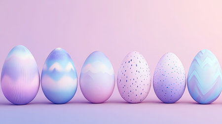 A collection of Easter eggs painted in soft ombre patterns, beautifully displayed on a gradient pastel backgroundの素材
