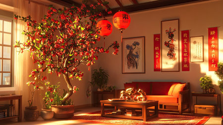 A cozy living room adorned with Chinese New Year decorations, featuring red lanterns, banners, and a small zodiac-themed treeの素材