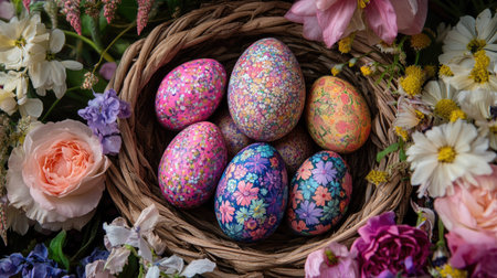 A close-up of colorful Easter eggs decorated with intricate floral patterns, placed in a woven basket surrounded by spring flowersの素材