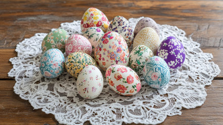 A colorful mix of Easter eggs decorated with fabric patterns displayed on a vintage-style lace doilyの素材