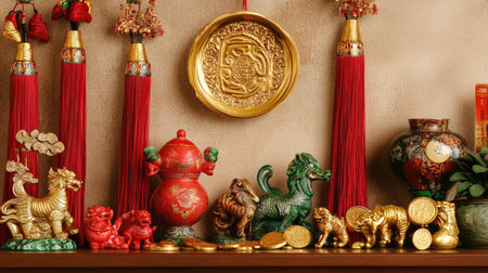A collection of Chinese New Year decorations, including zodiac-themed figurines, tassels, and golden coins, displayed on a shelfの素材