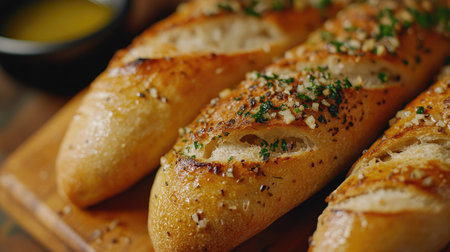 A close-up shot of a crispy baguette, its crust sprinkled with garlic and herbs, with a side of dipping oilの素材