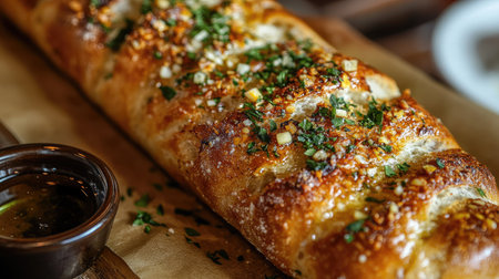 A close-up shot of a crispy baguette, its crust sprinkled with garlic and herbs, with a side of dipping oilの素材