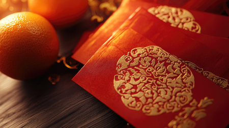 A close-up of festive red envelopes with intricate gold patterns, placed next to oranges and symbolic Chinese knotsの素材