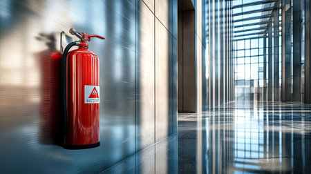 A fire extinguisher tank on a polished metal wall in a modern high-rise building, reflecting the sleek surroundingsの素材