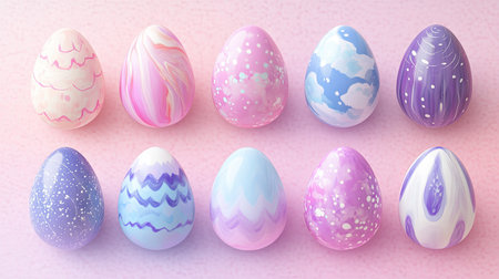 A collection of Easter eggs painted in soft ombre patterns, beautifully displayed on a gradient pastel backgroundの素材