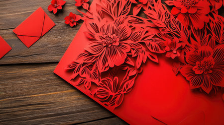 A close-up of intricate paper cuttings and red envelopes arranged elegantly on a wooden table for Chinese New Yearの素材