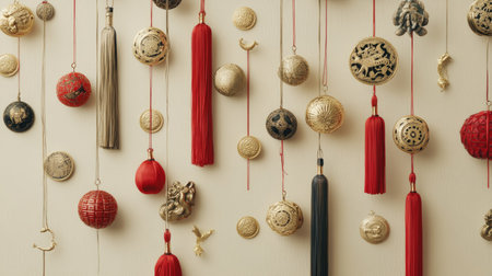 A creative shot of Chinese New Year decorations, including zodiac-themed ornaments, tassels, and gold coins on a neutral backgroundの素材