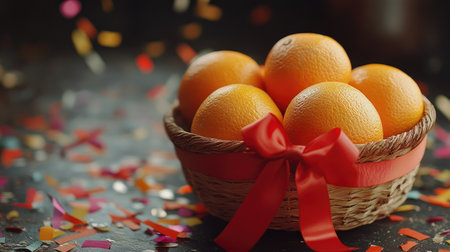 A close-up of vibrant oranges in a small rattan basket, tied with a red ribbon and surrounded by festive confettiの素材