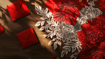 A close-up of intricate paper cuttings and red envelopes arranged elegantly on a wooden table for Chinese New Yearの素材