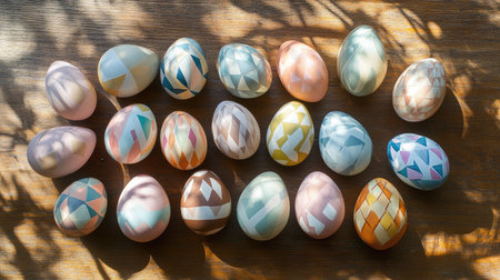 A collection of pastel Easter eggs with geometric designs arranged on a wooden table with soft sunlight streaming inの素材