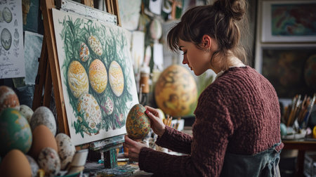 A creative artist in her studio painting detailed designs on Easter eggs, with inspiration boards and sketches behind herの素材